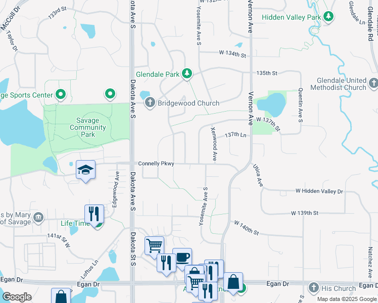 map of restaurants, bars, coffee shops, grocery stores, and more near 13798 Yosemite Avenue South in Savage