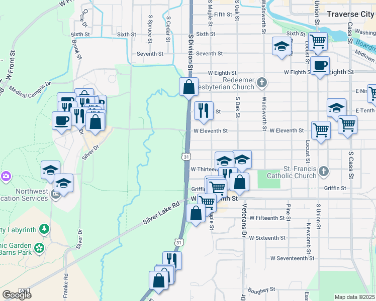map of restaurants, bars, coffee shops, grocery stores, and more near South Division Street in Traverse City