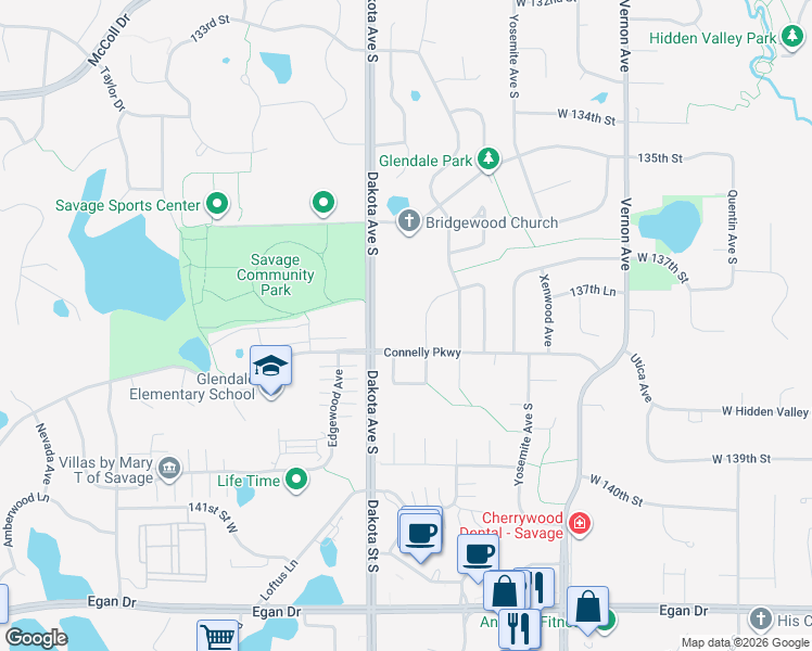 map of restaurants, bars, coffee shops, grocery stores, and more near 13738 Brunswick Avenue South in Savage