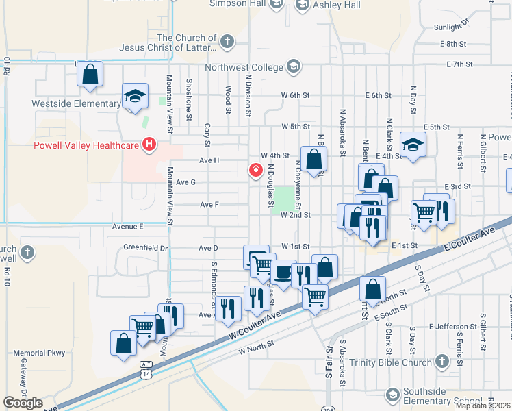 map of restaurants, bars, coffee shops, grocery stores, and more near 201-211 N Division St in Powell