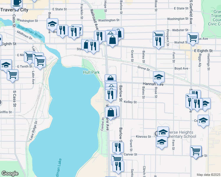 map of restaurants, bars, coffee shops, grocery stores, and more near 745-869 Woodmere Avenue in Traverse City