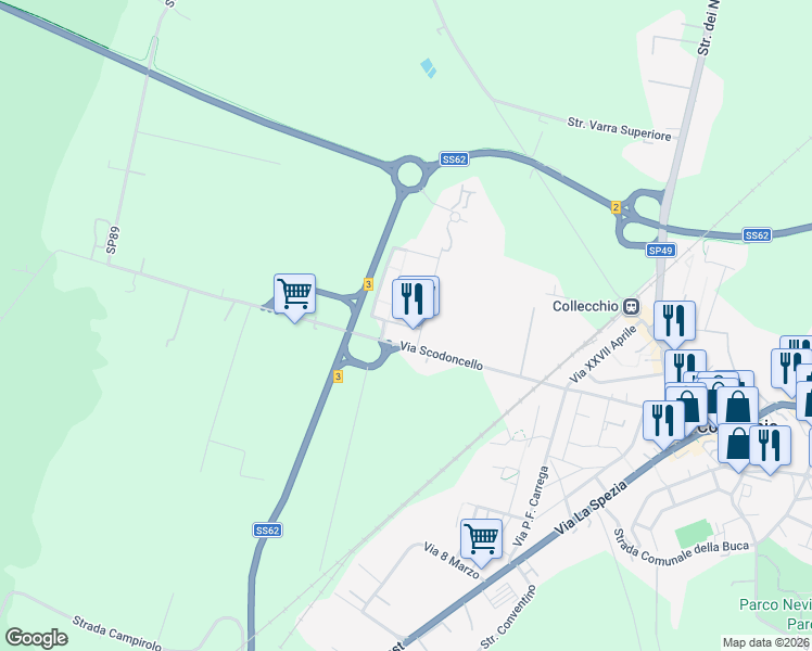 map of restaurants, bars, coffee shops, grocery stores, and more near 19A Via Scodoncello in Collecchio