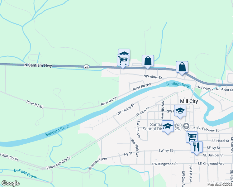 map of restaurants, bars, coffee shops, grocery stores, and more near 28491 River Road Northwest in Mill City