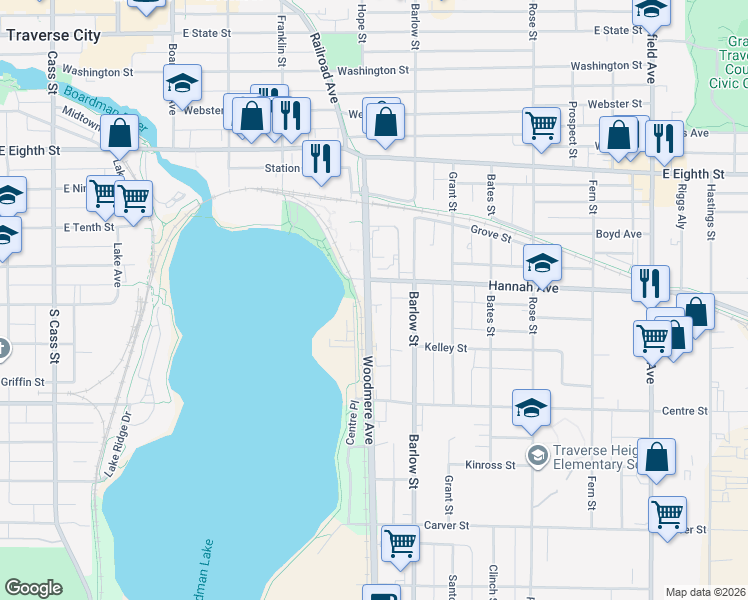 map of restaurants, bars, coffee shops, grocery stores, and more near 719 Hannah Ave in Traverse City