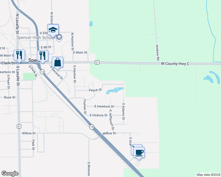 map of restaurants, bars, coffee shops, grocery stores, and more near 720 Peach Street in Spencer