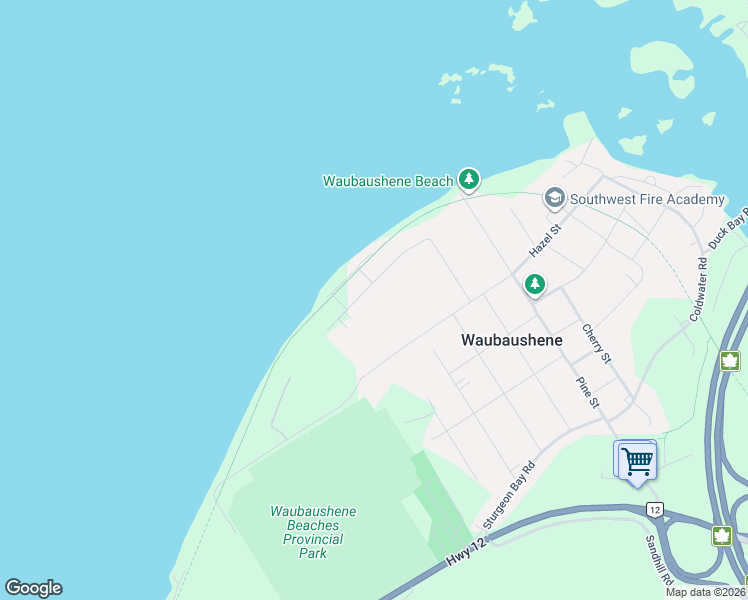 map of restaurants, bars, coffee shops, grocery stores, and more near 71 King Road in Waubaushene