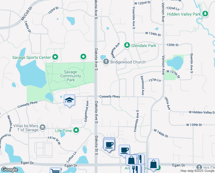 map of restaurants, bars, coffee shops, grocery stores, and more near 13718 Brunswick Avenue South in Savage