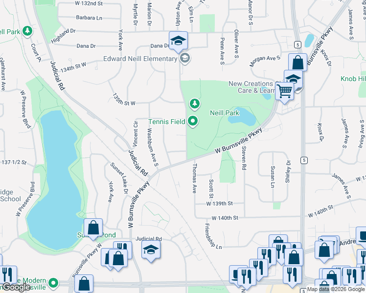 map of restaurants, bars, coffee shops, grocery stores, and more near 13626 Upton Avenue in Burnsville