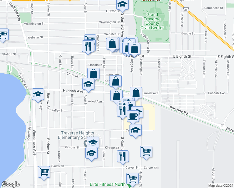 map of restaurants, bars, coffee shops, grocery stores, and more near 1062 Hannah Avenue in Traverse City