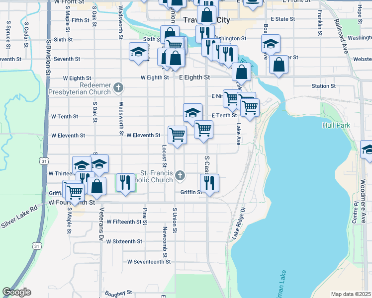 map of restaurants, bars, coffee shops, grocery stores, and more near 807 South Union Street in Traverse City