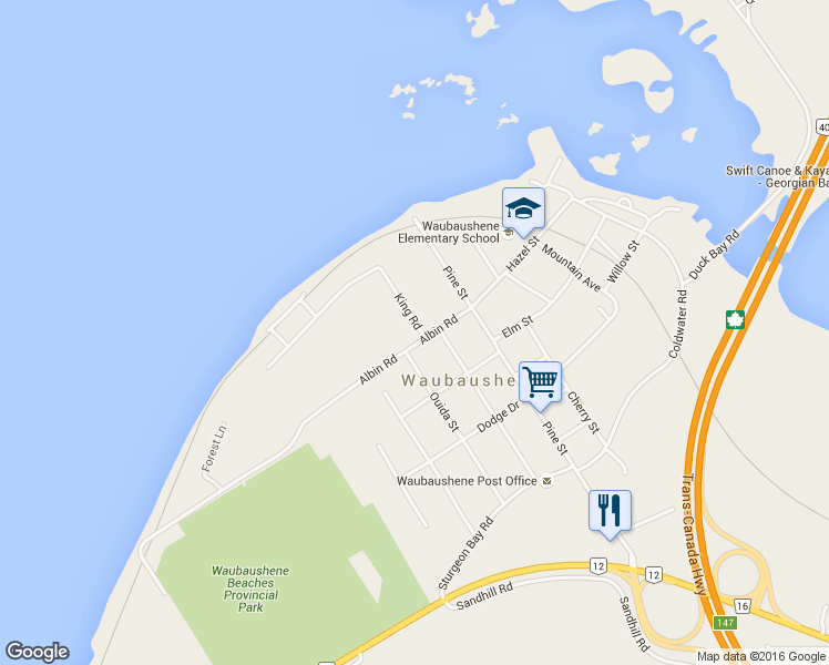 map of restaurants, bars, coffee shops, grocery stores, and more near 15 King Road in Waubaushene