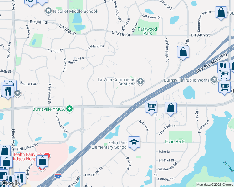 map of restaurants, bars, coffee shops, grocery stores, and more near 13700 Country Lane in Burnsville