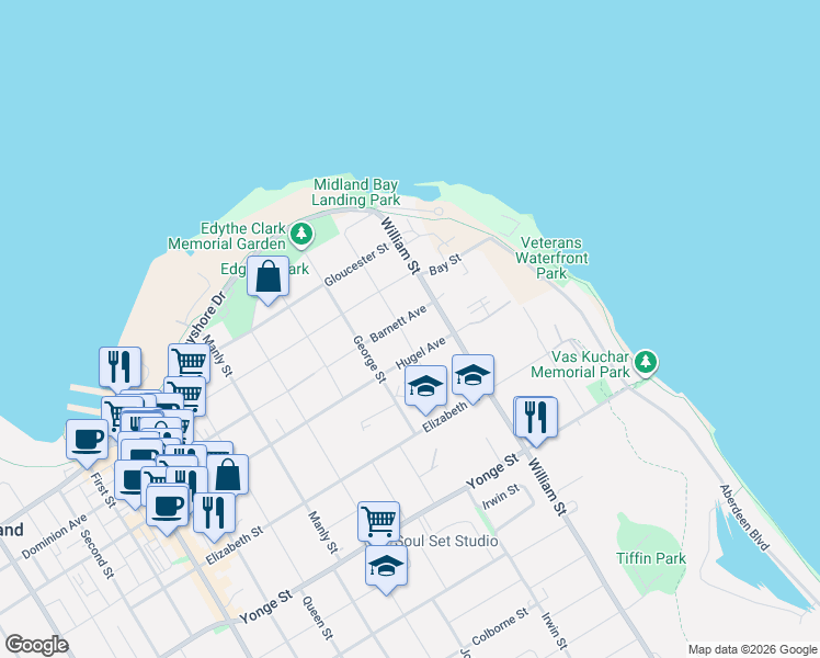 map of restaurants, bars, coffee shops, grocery stores, and more near 255 Lindsay Street in Midland