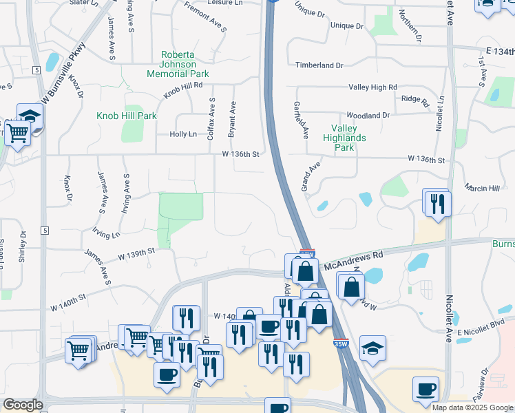 map of restaurants, bars, coffee shops, grocery stores, and more near 13705 East Wellington Crescent in Burnsville