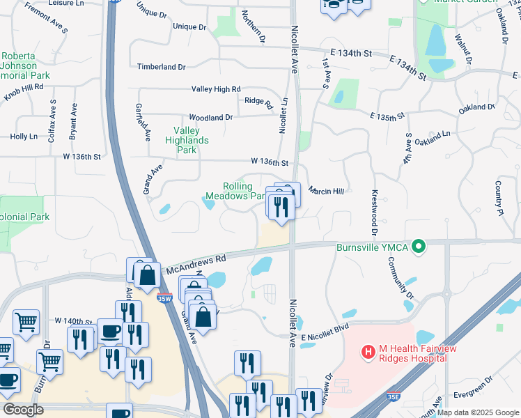 map of restaurants, bars, coffee shops, grocery stores, and more near 13701 Wentworth Avenue in Burnsville