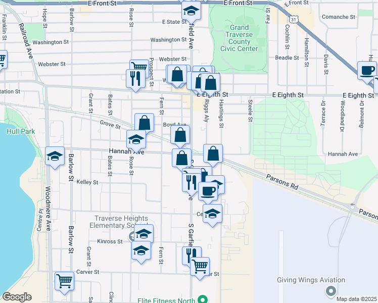 map of restaurants, bars, coffee shops, grocery stores, and more near 632 South Garfield Avenue in Traverse City