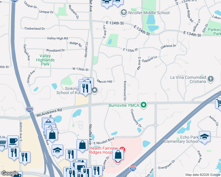map of restaurants, bars, coffee shops, grocery stores, and more near 55 Marcin Hill in Burnsville