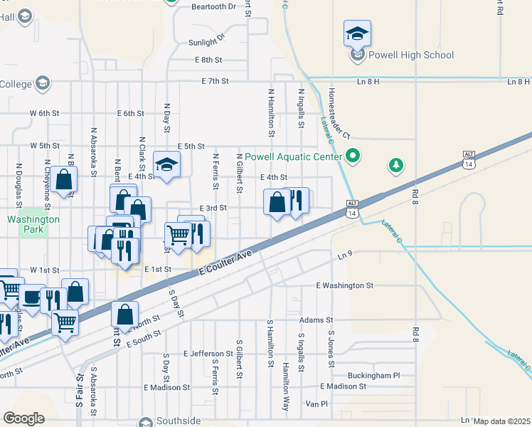 map of restaurants, bars, coffee shops, grocery stores, and more near 272 North Hamilton Street in Powell