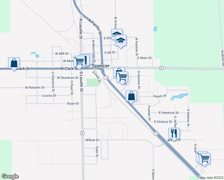 map of restaurants, bars, coffee shops, grocery stores, and more near 115-205 North Pacific Street in Spencer