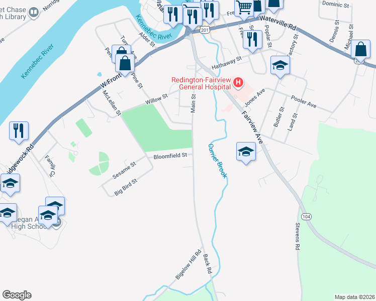 map of restaurants, bars, coffee shops, grocery stores, and more near 103 Main Street in Skowhegan