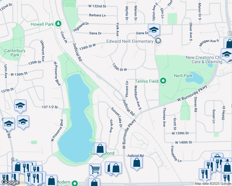 map of restaurants, bars, coffee shops, grocery stores, and more near 13620 Judicial Loop in Burnsville