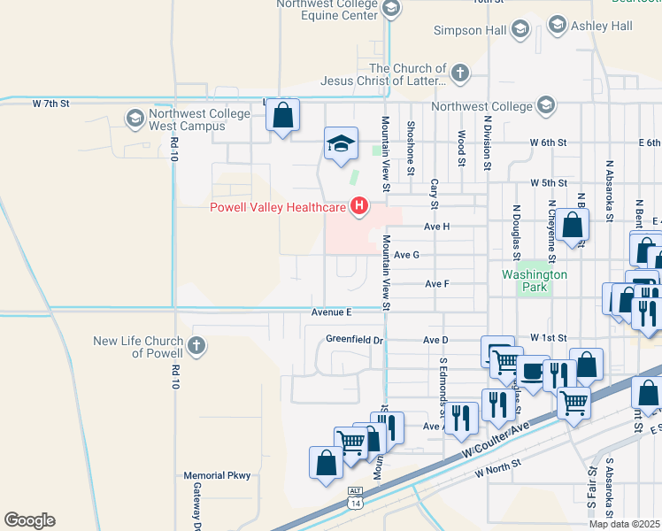 map of restaurants, bars, coffee shops, grocery stores, and more near 355 Grand Street in Powell