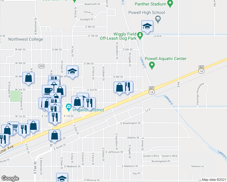 map of restaurants, bars, coffee shops, grocery stores, and more near 762 East 3rd Street in Powell
