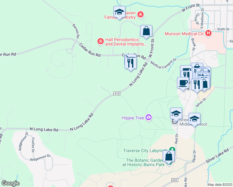 map of restaurants, bars, coffee shops, grocery stores, and more near North Long Lake Road in Traverse City