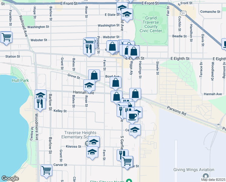 map of restaurants, bars, coffee shops, grocery stores, and more near 632 South Garfield Avenue in Traverse City
