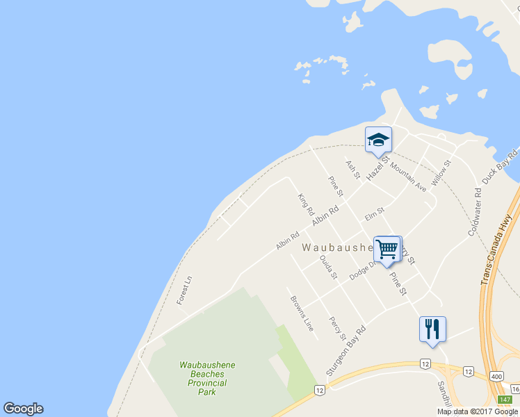 map of restaurants, bars, coffee shops, grocery stores, and more near 71 King Road in Waubaushene