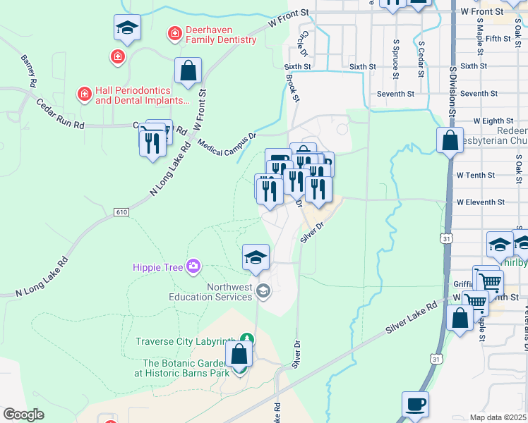 map of restaurants, bars, coffee shops, grocery stores, and more near 818 Red Drive in Traverse City