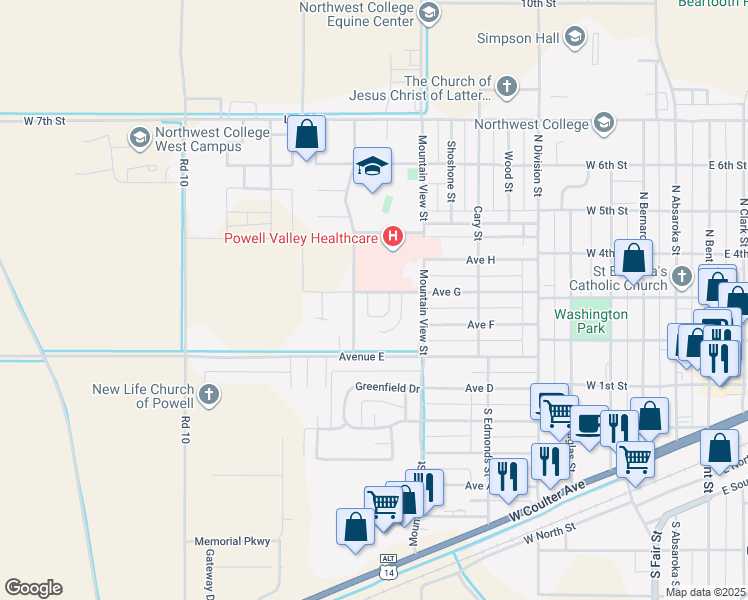 map of restaurants, bars, coffee shops, grocery stores, and more near 966 Avenue G in Powell
