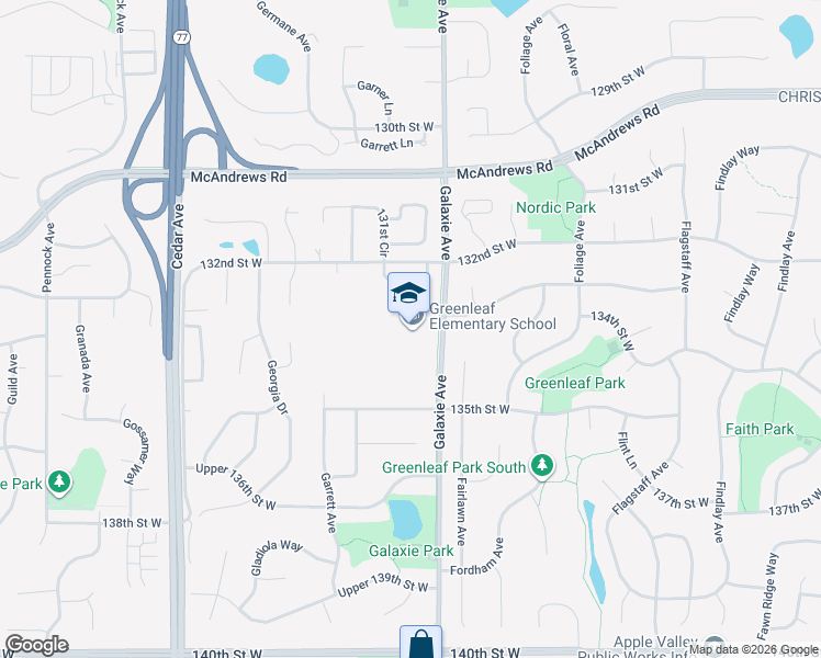 map of restaurants, bars, coffee shops, grocery stores, and more near 13333 Galaxie Avenue in Apple Valley