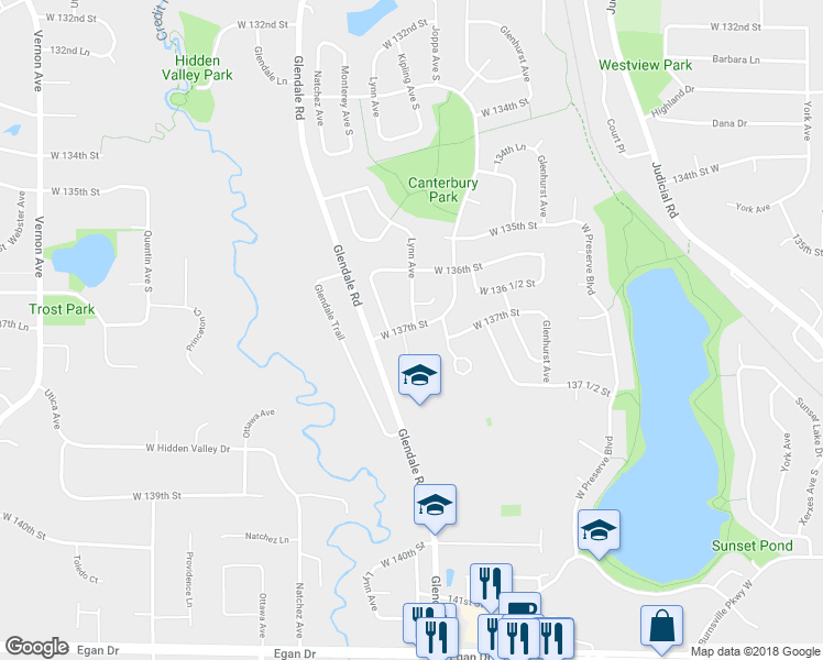 map of restaurants, bars, coffee shops, grocery stores, and more near 4381 West 137th Street in Savage
