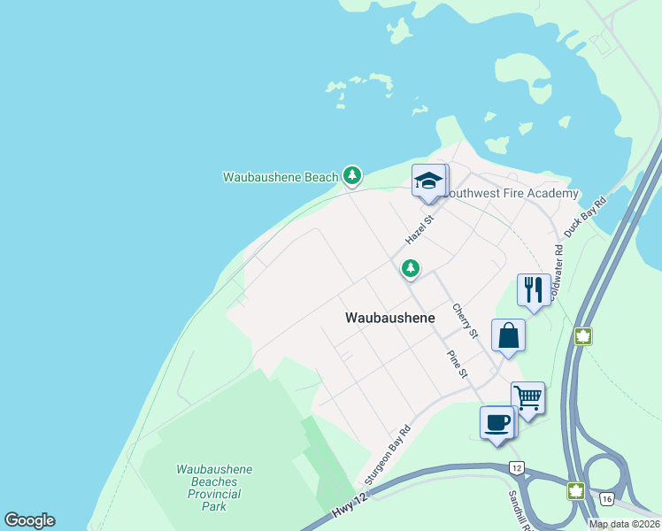 map of restaurants, bars, coffee shops, grocery stores, and more near 15 King Road in Waubaushene