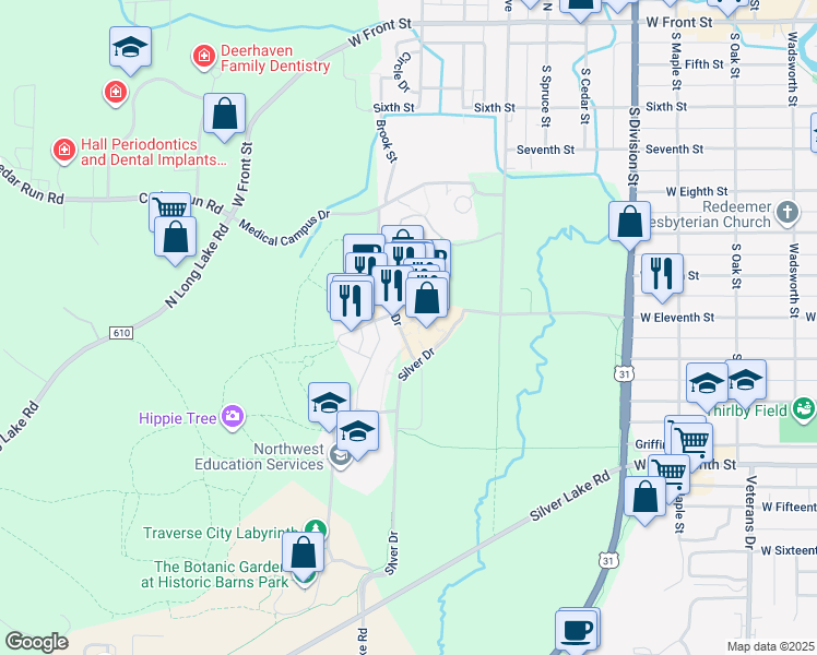 map of restaurants, bars, coffee shops, grocery stores, and more near 810 Cottageview Drive in Traverse City