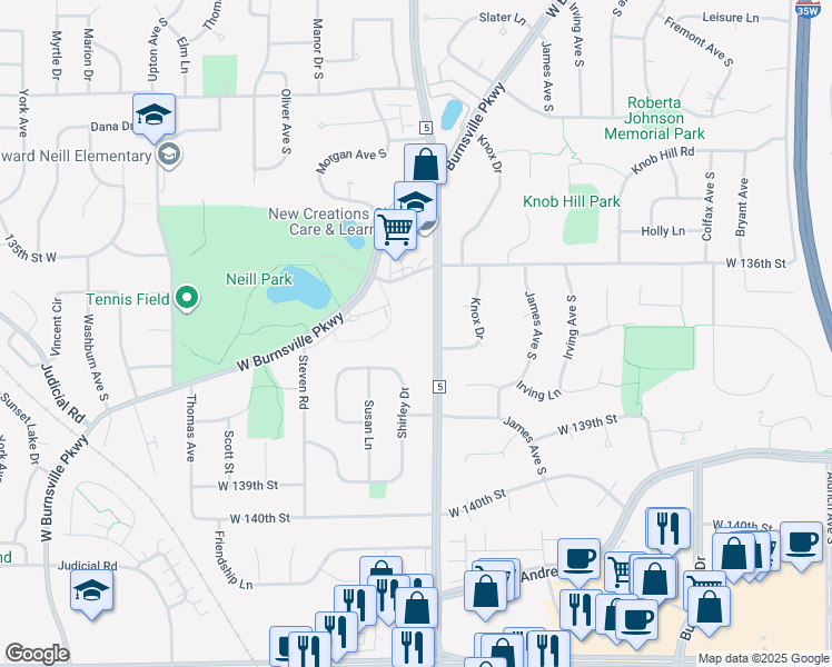 map of restaurants, bars, coffee shops, grocery stores, and more near 1921 Burnsville Parkway in Burnsville