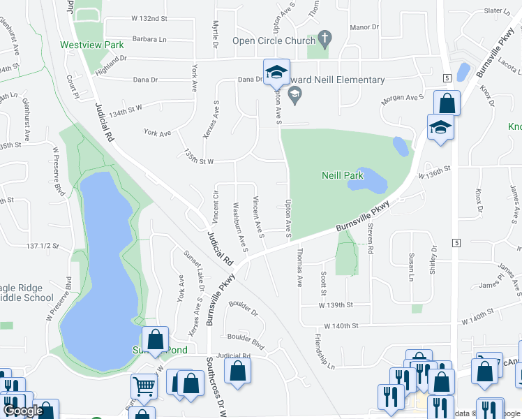 map of restaurants, bars, coffee shops, grocery stores, and more near 13629 Vincent Avenue South in Burnsville