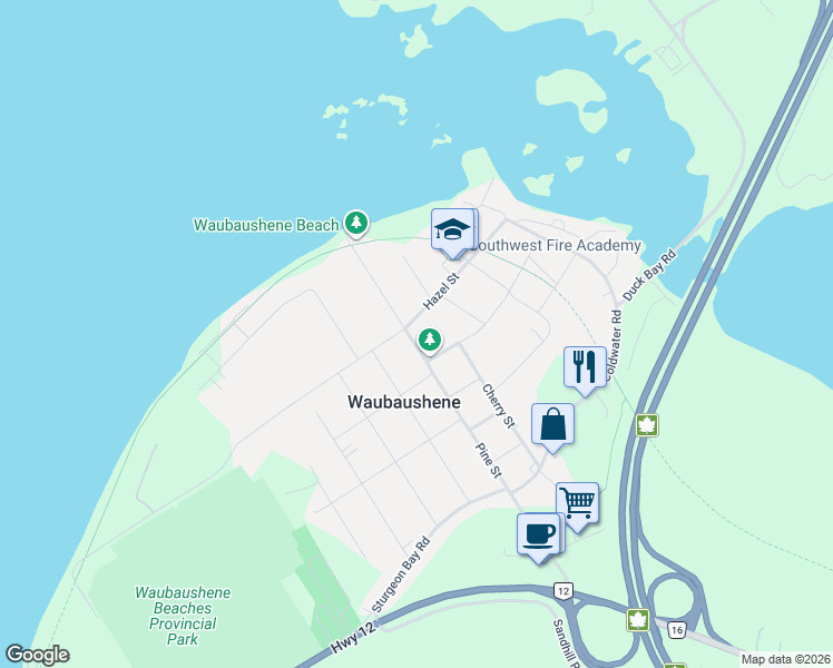 map of restaurants, bars, coffee shops, grocery stores, and more near 107 Pine Street in Waubaushene