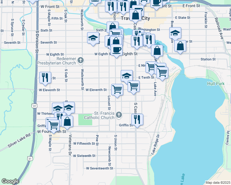 map of restaurants, bars, coffee shops, grocery stores, and more near 807 South Union Street in Traverse City