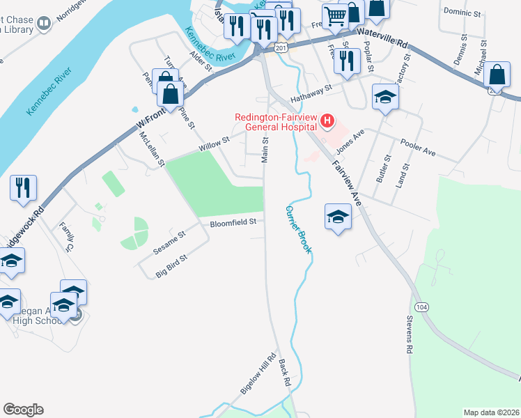 map of restaurants, bars, coffee shops, grocery stores, and more near 103 Main Street in Skowhegan