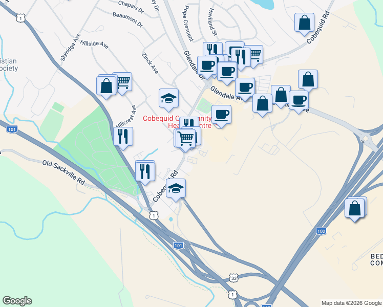 map of restaurants, bars, coffee shops, grocery stores, and more near 99 Cobequid Road in Lower Sackville