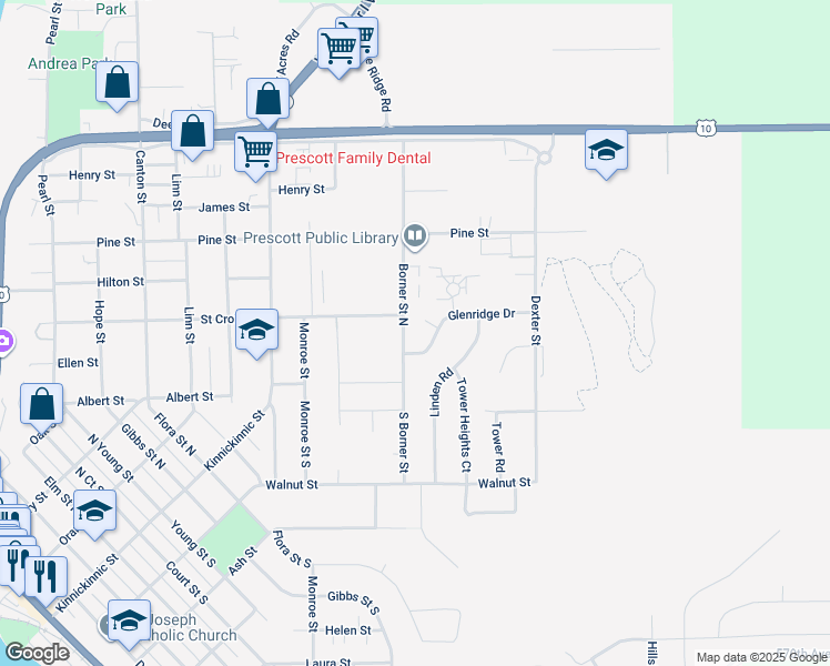 map of restaurants, bars, coffee shops, grocery stores, and more near 630 Borner Street South in Prescott