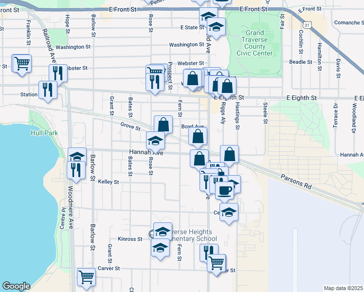 map of restaurants, bars, coffee shops, grocery stores, and more near 635 Fern Street in Traverse City