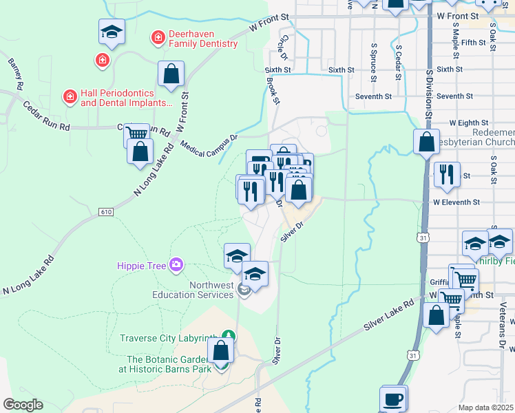 map of restaurants, bars, coffee shops, grocery stores, and more near 818 Red Drive in Traverse City