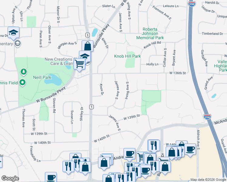 map of restaurants, bars, coffee shops, grocery stores, and more near 13628 James Avenue South in Burnsville