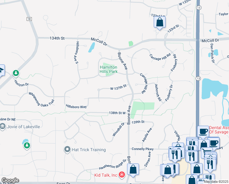 map of restaurants, bars, coffee shops, grocery stores, and more near 8917 West 137th Street in Savage