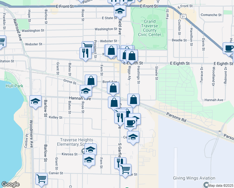 map of restaurants, bars, coffee shops, grocery stores, and more near 632 South Garfield Avenue in Traverse City
