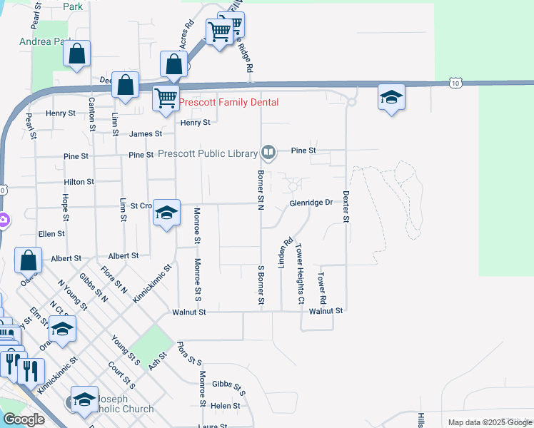 map of restaurants, bars, coffee shops, grocery stores, and more near 630 Borner Street South in Prescott