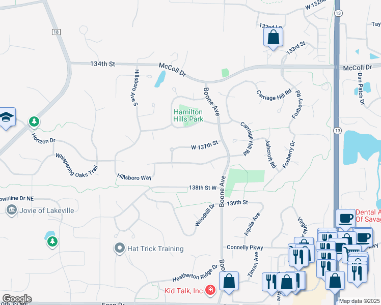 map of restaurants, bars, coffee shops, grocery stores, and more near 8917 West 137th Street in Savage
